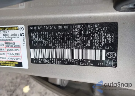 2007 Toyota Corolla Le из США, поврежденный, VIN 2T1BR32E27C847112